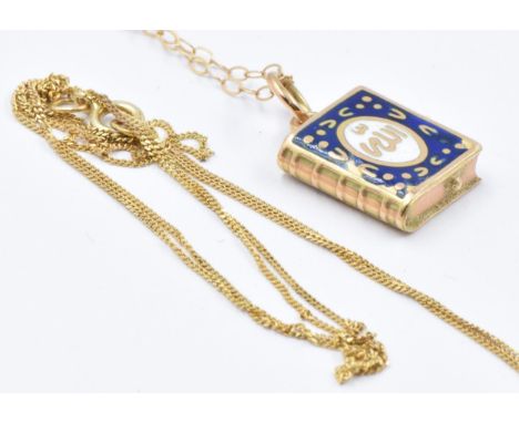 9ct Yellow gold chain with an islamic yellow metal and enamel pendant, together with another 9ct gold chain, gross weight 1.4