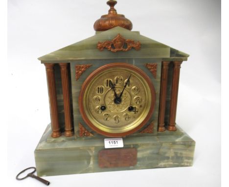 Onyx cased mantel clock with circular gilt dial, having two train movement striking on a gong, oak cased dome top mantel cloc