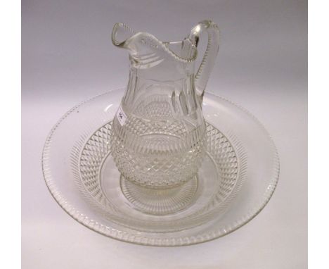 Large cut glass water jug and basin, the basin 43cm diameter 
