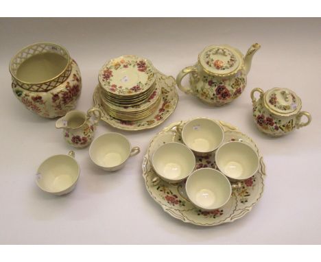 Modern Zsolnay floral decorated jardiniere, together with a Zsolnay floral decorated six place setting tea service 