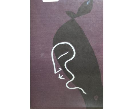 20th Century Japanese woodblock print of a head, inscribed verso Mikumo Mokuhansha, 36 x 24cm 