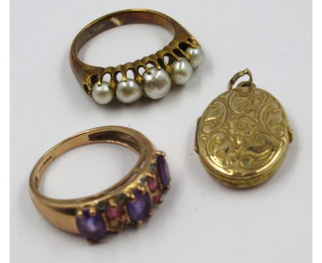 9ct Yellow gold ring set with mauve and pink stones (at fault), size N, yellow metal ring set five pearls, size N and a 9ct g