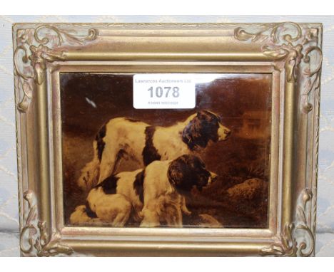 Group of four small late 19th / early 20th Century cristoleum pictures, lady with a mandolin, young girl, dogs in a landscape