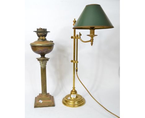 Brass adjustable desk lamp with green shade, together with a 19th Century Corinthian column oil lamp base with wellNeither ar