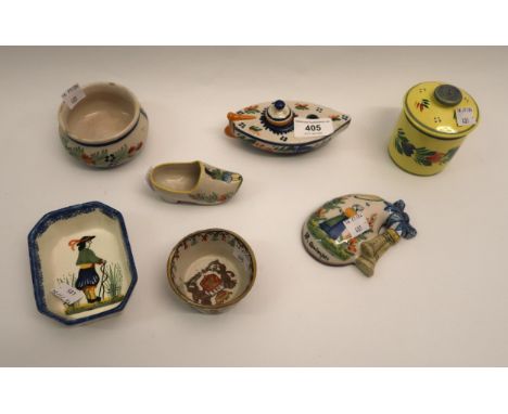 Quimper pottery inkwell, miniature wall plaque and eight other items 