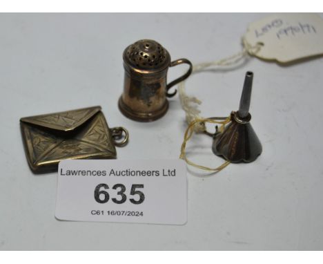 Silver stamp case, small silver sander and a silver perfume funnel 