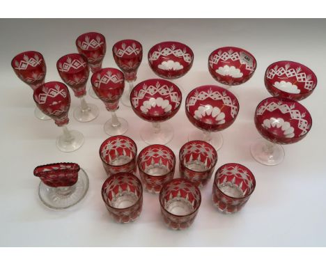 Set of six ruby overlay glass Champagne cups, six matching wine glasses, six matching tumblers, together with a similar cockt