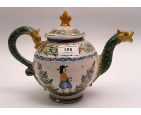 19th Century Quimper pottery teapot with dragon handle and spoutCrazing to glaze inside pot but outer glaze OK. Cover finial 