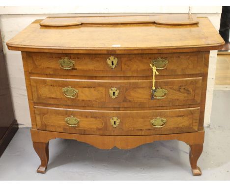 Continental walnut three drawer commode on cabriole supports (with alterations), 109cm wide x 62cm deep x 82cm high 