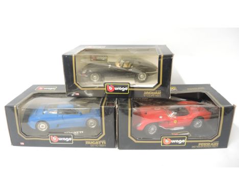 Three Burago 1/18 scale diecast metal model cars,  Ferrari 250 Testa Rossa, Jaguar E Coupe, Bugatti EB 110, code no.s 3017, 3
