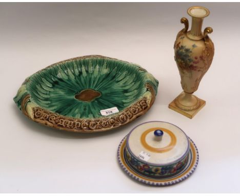 Oval Majolica bread plate (chip to rim), Royal Worcester blush ivory vase (handle at fault) and a Poole pottery butter dish w