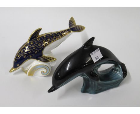 Royal Crown Derby Imari paperweight in the form a dolphin with gold button and a Poole pottery figure of a dolphin 