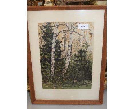 20th Century woodblock print of silver birch in a woodland, 31 x 23cm 