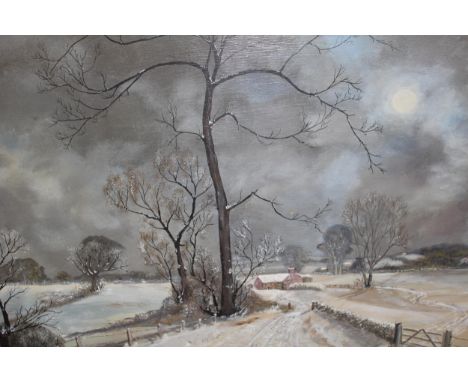 M. Komedera, oil on board, winter landscape, signed, 48 x 65cm, framed, together with two pictures on silk and a small print 