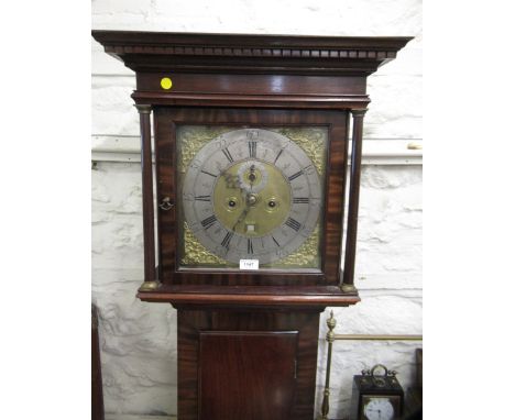 George III mahogany and inlaid longcase clock, the 12in square gilded and silvered dial with Arabic and Roman numerals, subsi