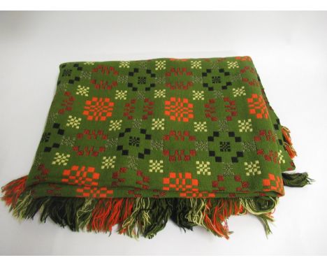 20th Century Welsh woollen tapestry blanket or carthen with fringed edge, labelled ' Gernos, Made in Wales, Maesllyn Mills, L