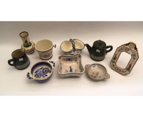 Quimper pottery photograph frame, small square shaped bowl, two 2-handled dishes, small two handled bucket, basket shaped vas