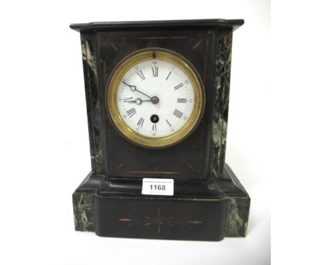 19th Century black slate and marble mounted mantel clock, the circular enamel dial having Roman numerals and single train mov