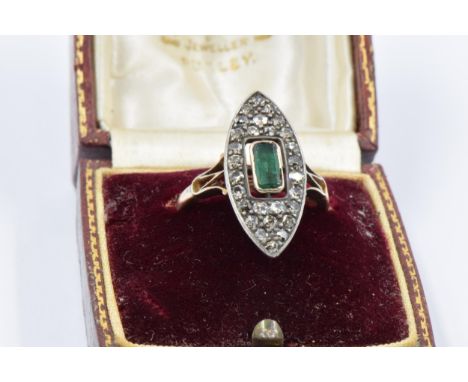 18ct Gold marquise ring set rectangular emerald bordered by old cut diamonds, size R, 4.3g 