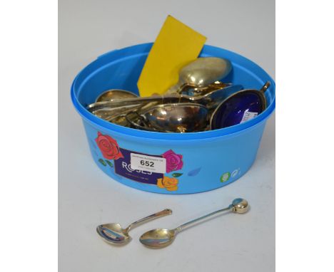 Silver caddy spoon, another silver spoon, oval plated salts and a quantity of plated flatware 