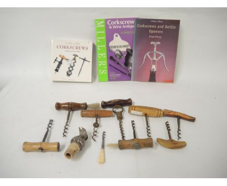 Collection of corkscrews, mainly 20th Century, together with three corkscrew related catalogue and collector's guides 