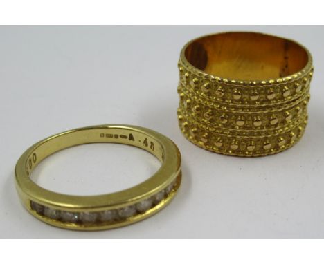 18ct Yellow gold half eternity ring set diamonds, size N, 3.6g, together with a Middle Eastern yellow metal ring, size N, 5.5