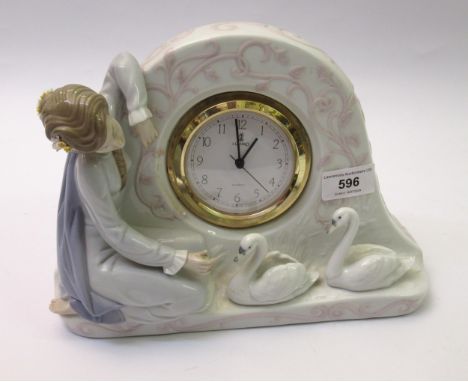 Lladro mantel clock mounted with a figure of a girl feeding swans, 18.5cm highFlower on girls hand is missing, otherwise in g
