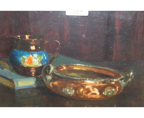 Oil on card, still life, a copper lustre jug and other items on a table, 21 x 28cm, gilt framed 