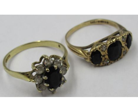 9ct Yellow gold ring set cubic zirconia and sapphire, size N.5, 2.1g, together with another similar, size K, 2.2g 