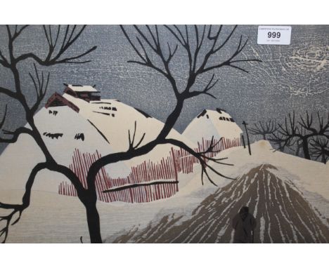 Shino Takage, artist signed Limited Edition colour woodblock print, landscape, 33 x 45cm, framed 