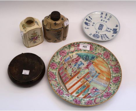 Canton famille rose plate painted with figures, 25cm diameter, Chinese saucer dish, two pottery teapoys and a brown ceramic s