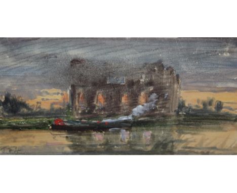 Small watercolour sketch, barge in a landscape, bearing label verso, inscribed 'T.B. Hardy ', bearing monogram, 7 x 13cm 