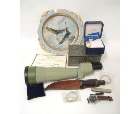 Opticron monocular spotting scope, together with a rectangular German pewter casket and a sheath knife, Limited Edition wall 