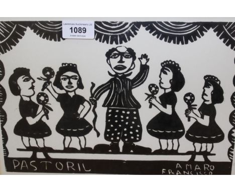 Amaro Francisco, woodblock print ' Pastoril ', signed in pencil, 22 x 30cm, and another similar by Jose Miguel ' Farinhada ',