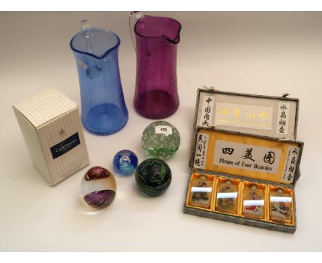 Four various glass paperweights including a boxed Caithness paperweight, together with eight reproduction Chinese glass snuff