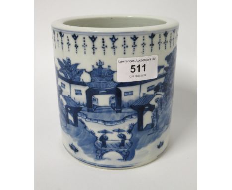 Chinese ceramic brush pot, blue and white decorated with a river landscape, 14cm high, 13cm diameterIn good condition, no cra