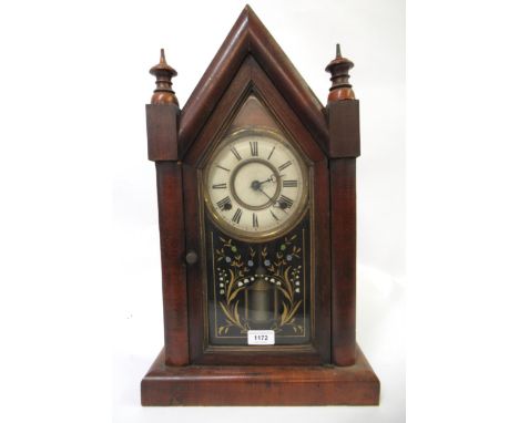American mahogany lancet type mantel clock, with a two train movement striking on a bell 