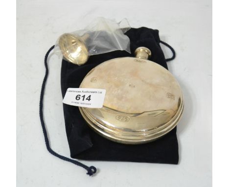 Modern Birmingham silver circular hip flask, together with a funnel, in a velvet case, makers mark B&Co. 