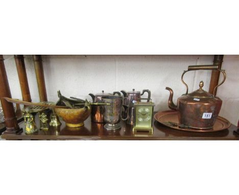 2 shelves of metalware to include copper teapot and pewter