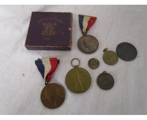 Box of medals (Coronation, Great War, Empire Day) + Festival of Britain Crown 1951 and Napoleon The details around the edge o