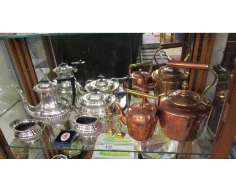 Shelf of metalware to include copper kettles &amp; silver napkin ring