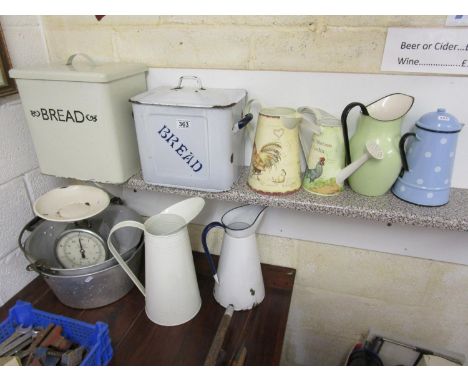 Collection of kitchenalia to include enamel bread bin
