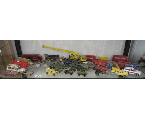 Shelf of die-cast cars to include mostly Dinky etc