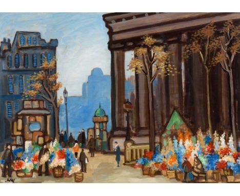 Markey Robinson (1918-1999) The Madeleine Flower Market gouache on board signed lower left 58½ x 81½cm (23 x 32in) Private Co