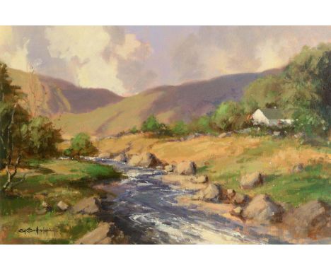 George Gillespie RUA (1924-1995) Farmstead by the Stream oil on canvas signed lower left 51 x 76¼cm (20 x 30in) Private Colle