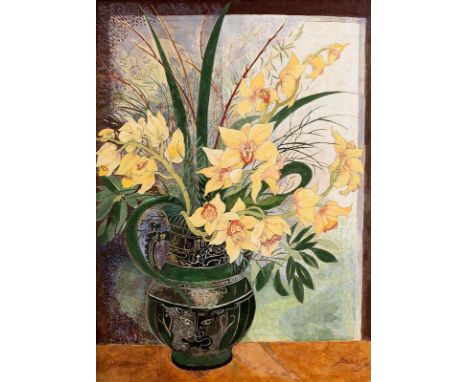 Pauline Bewick RHA (b.1935) Yellow Orchids (1997) acrylic on paper signed, titled & dated '97 137½ x 99¼cm (53 x 39in) Royal 