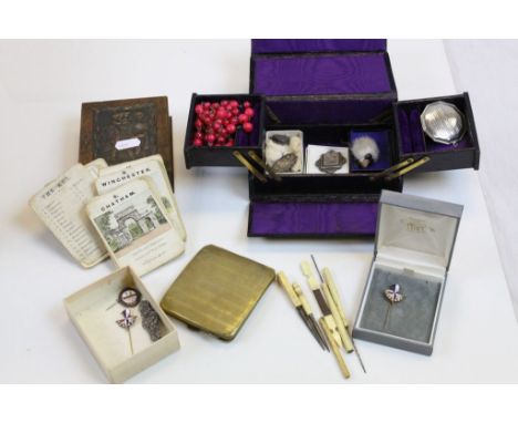 Box of mixed vintage costume and other jewellery etc to include; Victorian Silver brooches, Festival of Britain pins, Bone ma