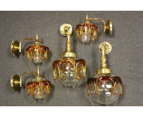 Two Retro Amber Drip Glass and Clear Glass Central Light Fittings together with Three Matching Wall Lights