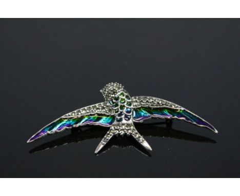 Silver and Enamel Set Brooch in the form of a Swallow