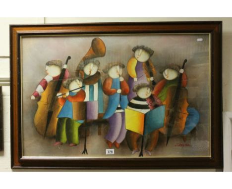 J Roybal, Framed Oil Painting Whimsical Portrait of Children Playing Musical Instruments